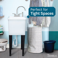 Load image into Gallery viewer, Tehila Space Saver Freestanding White Utility Sink with Chrome Finish Gooseneck Faucet and Side Sprayer