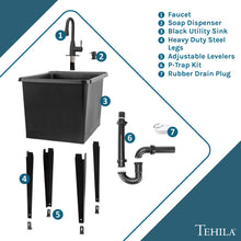 Carregar imagem no visualizador da galeria, Tehila Space Saver Freestanding Black Utility Sink with Black Finish Low-Profile Pull-Down Faucet
