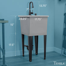 Carregar imagem no visualizador da galeria, Tehila Space Saver Freestanding Grey Utility Sink with Black Finish Low-Profile Pull-Down Faucet