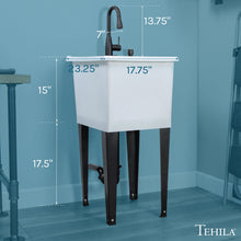 Carregar imagem no visualizador da galeria, Tehila Space Saver Freestanding White Utility Sink with Black Finish Low-Profile Pull-Down Faucet