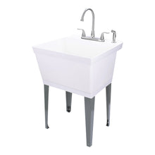 Load image into Gallery viewer, Tehila Standard Freestanding White Utility Sink with Grey Legs and Stainless Steel Finish Wide-set Gooseneck Faucet with Side Sprayer