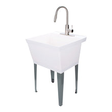 Load image into Gallery viewer, Tehila Standard Freestanding White Utility Sink with Stainless Steel Finish High-Arc Pull-Down Faucet