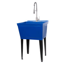 Load image into Gallery viewer, Tehila Standard Freestanding Blue Utility Sink with Stainless Steel Finish High-Arc Coil Pull-Down Faucet