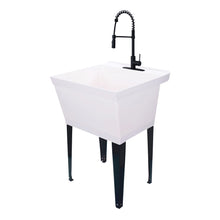 Carregar imagem no visualizador da galeria, Tehila Standard Freestanding White Utility Sink with Black Finish High-Arc Coil Pull-Down Faucet