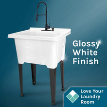 Load image into Gallery viewer, Tehila Luxe Freestanding White Utility Sink with Black Finish High-Arc Coil Pull-Down Faucet