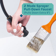 Load image into Gallery viewer, Tehila Luxe Freestanding White Utility Sink with Black Finish High-Arc Coil Pull-Down Faucet