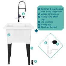 Load image into Gallery viewer, Tehila Luxe Freestanding White Utility Sink with Black Finish High-Arc Coil Pull-Down Faucet