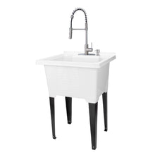 Load image into Gallery viewer, Tehila Luxe Freestanding White Utility Sink with Stainless Steel Finish High-Arc Coil Pull-Down Faucet