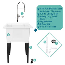 Load image into Gallery viewer, Tehila Luxe Freestanding White Utility Sink with Stainless Steel Finish High-Arc Coil Pull-Down Faucet