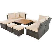 Carregar imagem no visualizador da galeria, Patio Furniture Set, 9 Piece Outdoor Conversation Set, CoffeeTable with Ottomans, Solid wood coffee table