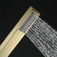 Cargar imagen en el visor de la galería, 16-Inch Brushed Gold Flush Mount Shower Faucet Set with 6-Way Thermostatic Control, 64-Color LED, Bluetooth Music, Rainfall-Waterfall-Mist Features, Rotating Hydro Jet, and Regular Head
