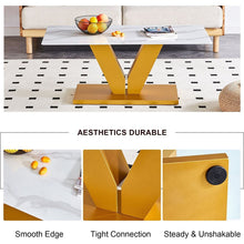 Carregar imagem no visualizador da galeria, Modern minimalist coffee table. Tempered glass with stickers tabletop,golden MDF pillars. Suitable for living room and dining room