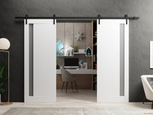 Cargar imagen en el visor de la galería, Planum 0660 Painted White Double Barn Door with Frosted Glass and Black Rail