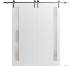 Cargar imagen en el visor de la galería, Planum 0660 Painted White Double Barn Door with Frosted Glass and Silver Rail