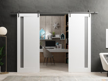 Cargar imagen en el visor de la galería, Planum 0660 Painted White Double Barn Door with Frosted Glass and Silver Rail
