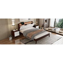Carregar imagem no visualizador da galeria, 3-Pieces Bedroom Sets,Queen Size Wood Platform Bed and Two Nightstands,Storage Platform bed with USB and LED Lights-Walnut+Beige