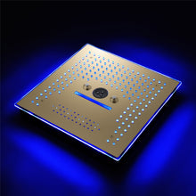 Carregar imagem no visualizador da galeria, Flushed Mounted Brushed Gold 16'' x 16'' Shower Head: Featuring 64 LED Lights, Music, Rainfall, Waterfall, Mist, 360 Degrees Rotation, and Hydro Jet Technology