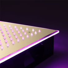 Cargar imagen en el visor de la galería, 16-Inch Brushed Gold Flush-Mounted Rainfall, Waterfall, Mist, Hydro-Massage Shower Head with 64 LED Lights and Bluetooth Music - 5-Way Thermostatic Shower Faucet With Optional Digital Display