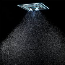 Carregar imagem no visualizador da galeria, Flushed Mounted Matte Black 16'' x 16'' Shower Head: Featuring 64 LED Lights, Music, Rainfall, Waterfall, Mist, 360 Degrees Rotation, and Hydro Jet Technology