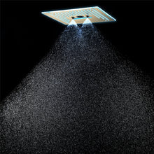 Carregar imagem no visualizador da galeria, Flushed Mounted Brushed Gold 16'' x 16'' Shower Head: Featuring 64 LED Lights, Music, Rainfall, Waterfall, Mist, 360 Degrees Rotation, and Hydro Jet Technology