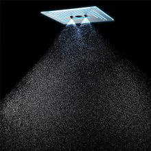 Carregar imagem no visualizador da galeria, Flushed Mounted Brushed Nickel 16'' x 16'' Shower Head: Featuring 64 LED Lights, Music, Rainfall, Waterfall, Mist, 360 Degrees Rotation, and Hydro Jet Technology