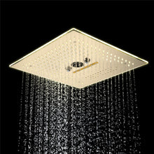 Carregar imagem no visualizador da galeria, Flushed Mounted Brushed Gold 16'' x 16'' Shower Head: Featuring 64 LED Lights, Music, Rainfall, Waterfall, Mist, 360 Degrees Rotation, and Hydro Jet Technology