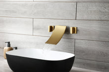 Carregar imagem no visualizador da galeria, Brushed Gold Wall Mount Waterfall Bathroom Sink Faucet with Overflow Brass Pop-Up Drain
