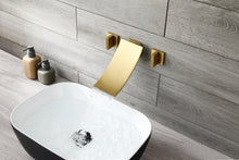 Carregar imagem no visualizador da galeria, Brushed Gold Wall Mount Waterfall Bathroom Sink Faucet with Overflow Brass Pop-Up Drain