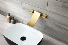 Carregar imagem no visualizador da galeria, Brushed Gold Wall Mount Waterfall Bathroom Sink Faucet with Overflow Brass Pop-Up Drain