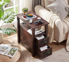 Cargar imagen en el visor de la galería, Farmhouse XXL End Table with Charging Station, Narrow Side Table with USB Ports and Outlets, Nightstand with 2 Drawers Storage, Bedside Tables