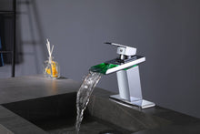 Cargar imagen en el visor de la galería, Chrome waterfall 3 LED light single handle brass bathroom faucet with pop up brass drain