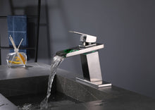 Carregar imagem no visualizador da galeria, Brushed nickel waterfall 3 LED light single handle brass bathroom faucet with pop up brass drain