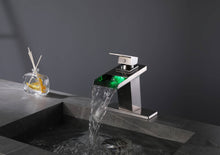 Carregar imagem no visualizador da galeria, Brushed nickel waterfall 3 LED light single handle brass bathroom faucet with pop up brass drain