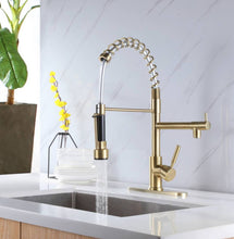 Carregar imagem no visualizador da galeria, Brushed Gold High Arc brass Kitchen Sink Faucet Pull Down Spray with lock ring and deck plate