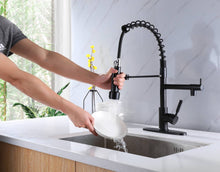 Cargar imagen en el visor de la galería, Matte Black High Arc brass Kitchen Sink Faucet Pull Down metal Spray with deck plate and lock ring