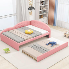 Carregar imagem no visualizador da galeria, Full Size PU Upholstered Tufted Daybed with Trundle and Cloud Shaped Guardrail, Pink