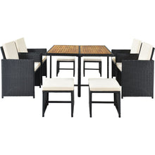 Carregar imagem no visualizador da galeria, Patio All-Weather PE Wicker Dining Table Set with Wood Tabletop for 8, Black Rattan+Beige Cushion (9-Piece)