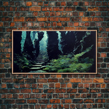 Cargar imagen en el visor de la galería, Fantasy Forest with Temple Steps, Wall Decor, Ready To Hang Framed Canvas Print, Oversize Wall Art