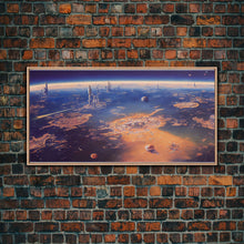 Load image into Gallery viewer, Bird's eye view of a futuristic city-planet, cool scifi art, framed canvas print, ready to hang framed wall art