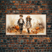 Load image into Gallery viewer, Boy And Girl Holding Hands, Fall Wall Decor, Canvas Print, Wall Hanging, Panoramic Art, Kids Wall Art, Nursery Wall Art, Gifts For Grandma
