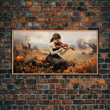 Carregar imagem no visualizador da galeria, Girl Violinist, Fall Wall Decor, Pumpkin Decor, Canvas Print, Wall Hanging, Panoramic Art, Country Home Decor, Violin Wall Art, Gift For Her