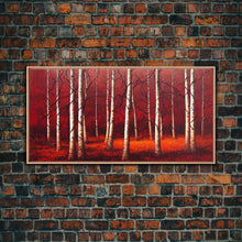 Load image into Gallery viewer, Birch Trees, Haunted birch forest, blood red forest, framed canvas print, ready to hang framed wall art