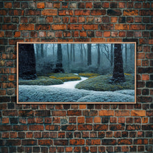 Carregar imagem no visualizador da galeria, Cabin art, snow covered winter forest, winter vacation home art, framed canvas print, ready to hang framed wall art