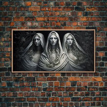 Load image into Gallery viewer, The Norns, Norse Mythology, Weavers of Fate, Framed Canvas Print, Urðr, Verðandi, and Skuld, Black and White Norse Fantasy Art
