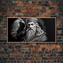 Load image into Gallery viewer, Black and White Portrait of Odin and Muninn, King of The Gods, Framed Canvas Print, Odin's Ravens, Norse Mythology Art