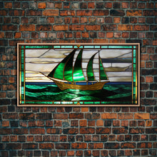 Load image into Gallery viewer, Emerald Green and Gold Art Deco Sail Boat, Framed Canvas Print, Retro MCM Style Wall Art, Midcentury Modern, Vintage Style, Stained Glass