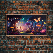 Load image into Gallery viewer, Vibrant Fantasy Forest Wall Art, The Forest Floor, Bioluminescent Glowing Butterflies, Gift, Framed Canvas Print