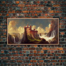 Cargar imagen en el visor de la galería, Fantasy wall art, canvas print, castle in the sky, castle atop mountains and waterfalls, watercolor