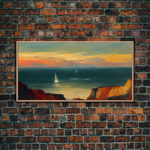 Carregar imagem no visualizador da galeria, Canvas print of sail boats on the ocean, sailing at sunset, cool lakehouse art, living room wall art, sailboats, watercolor