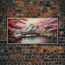 Cargar imagen en el visor de la galería, Cherry Blossoms, Japanese Wall Art, River Wall Art, Panoramic Art, Wall Art, Canvas Art, Landscape Art, Living Room Art, Tiny House Décor